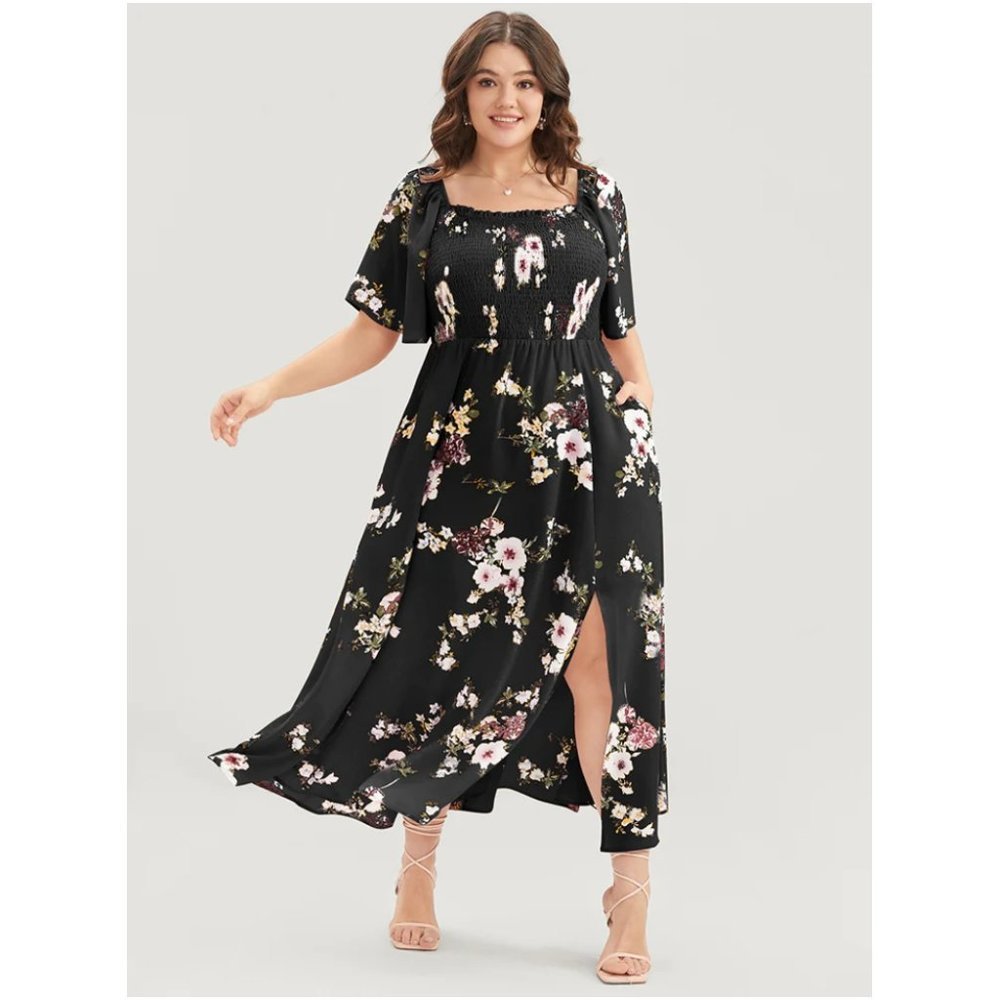 NWT BloomChic Black Floral Square Neck Ruffles Pocket Shirred Dress 18-20/2X